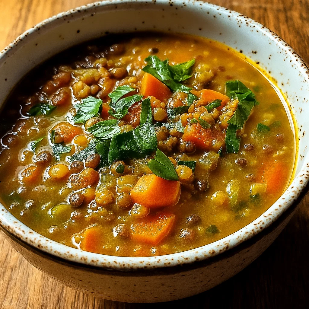 One Pot Turkey Lentil Soup in a bowl with fresh parsley