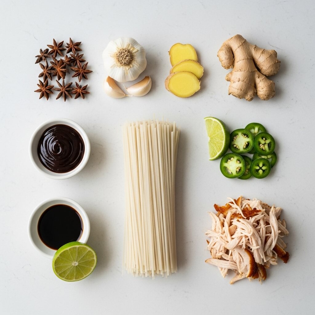 Pho Soup Recipe ingredients flat lay