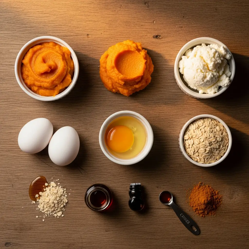 Pumpkin Cottage Cheese Bake ingredients flat lay