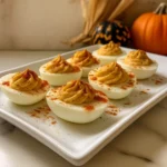 Pumpkin Deviled Eggs with Paprika on rustic table