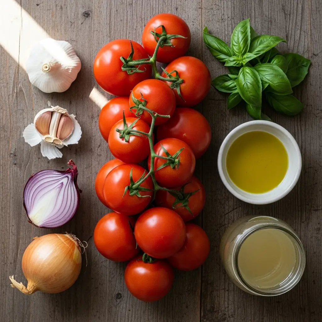 Ingredients for Roasted Tomato Soup on kitchen counter