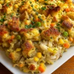 Rotisserie Chicken Stuffing Casserole baked golden brown