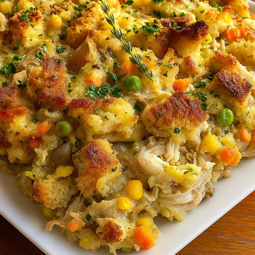 Rotisserie Chicken Stuffing Casserole baked golden brown