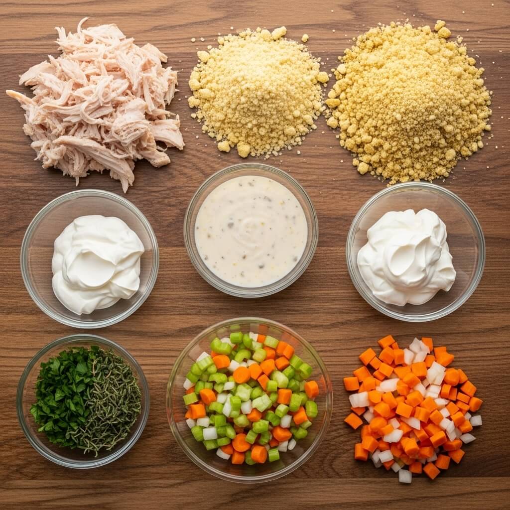 Rotisserie Chicken Stuffing Casserole ingredients on counte