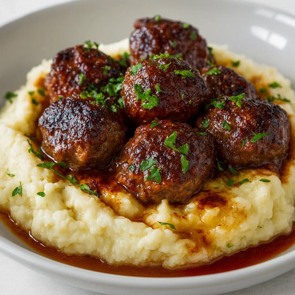 Salisbury Steak Meatballs With Garlic Herb Mashed Potatoes Recipe