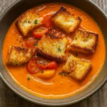 Sheet Pan Soup with grilled cheese croutons and roasted vegetables