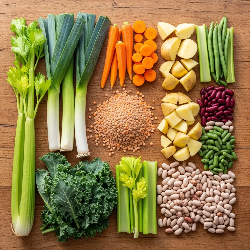 Simple But Perfect Vegetable Soup ingredients flat lay
