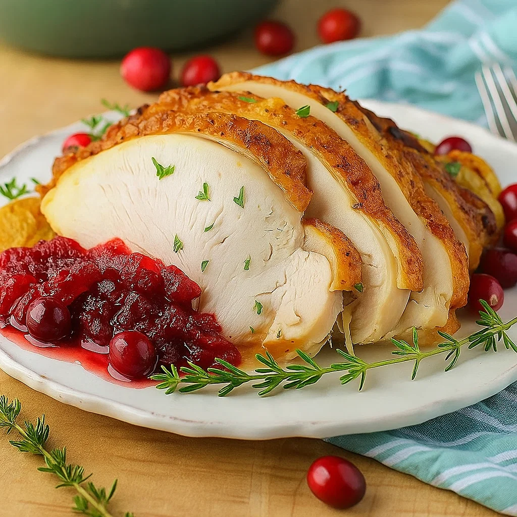 Slow Cooker Boneless Turkey Breast with Cranberry Sauce in kitchen