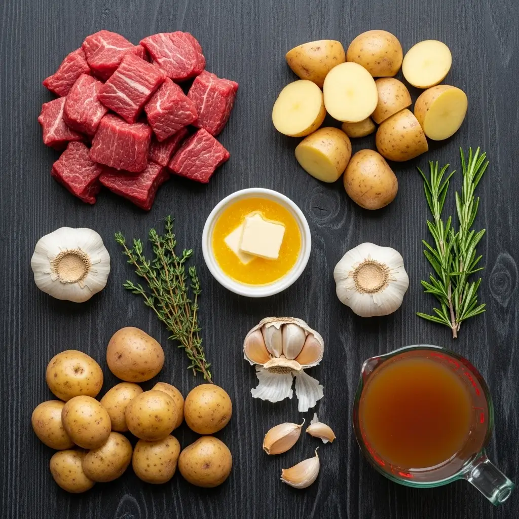 Ingredients for Slow Cooker Garlic Butter Beef Bites & Potatoes