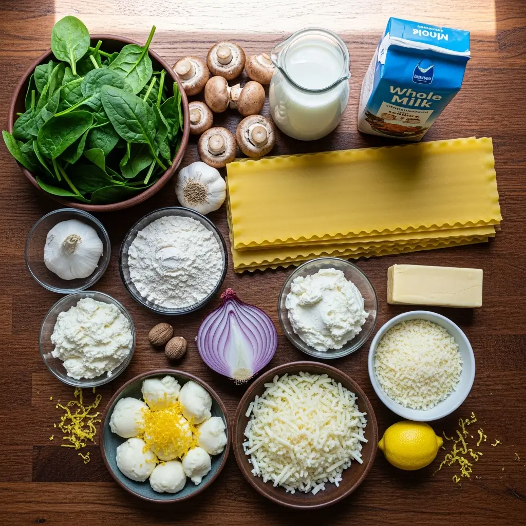 Ingredients for Dinner of Champignons: Spinach and Mushroom Lasagna