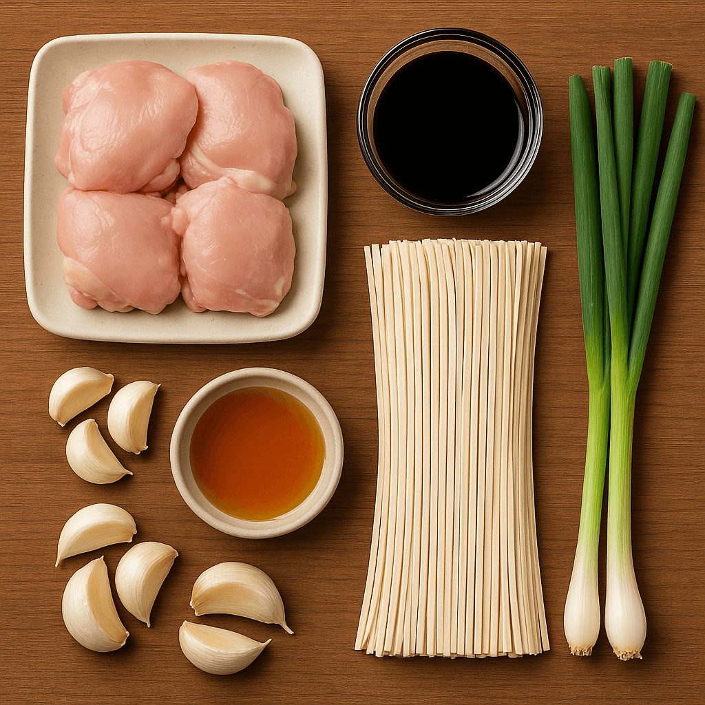 Sticky Garlic Chicken Noodles ingredients flat lay
