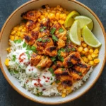 Street Corn Chicken Rice Bowl with lime crema