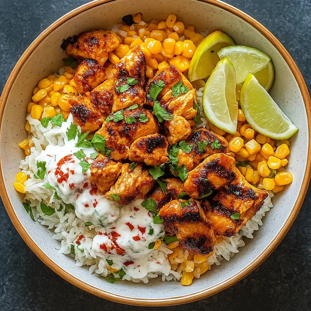 Street Corn Chicken Rice Bowl with lime crema