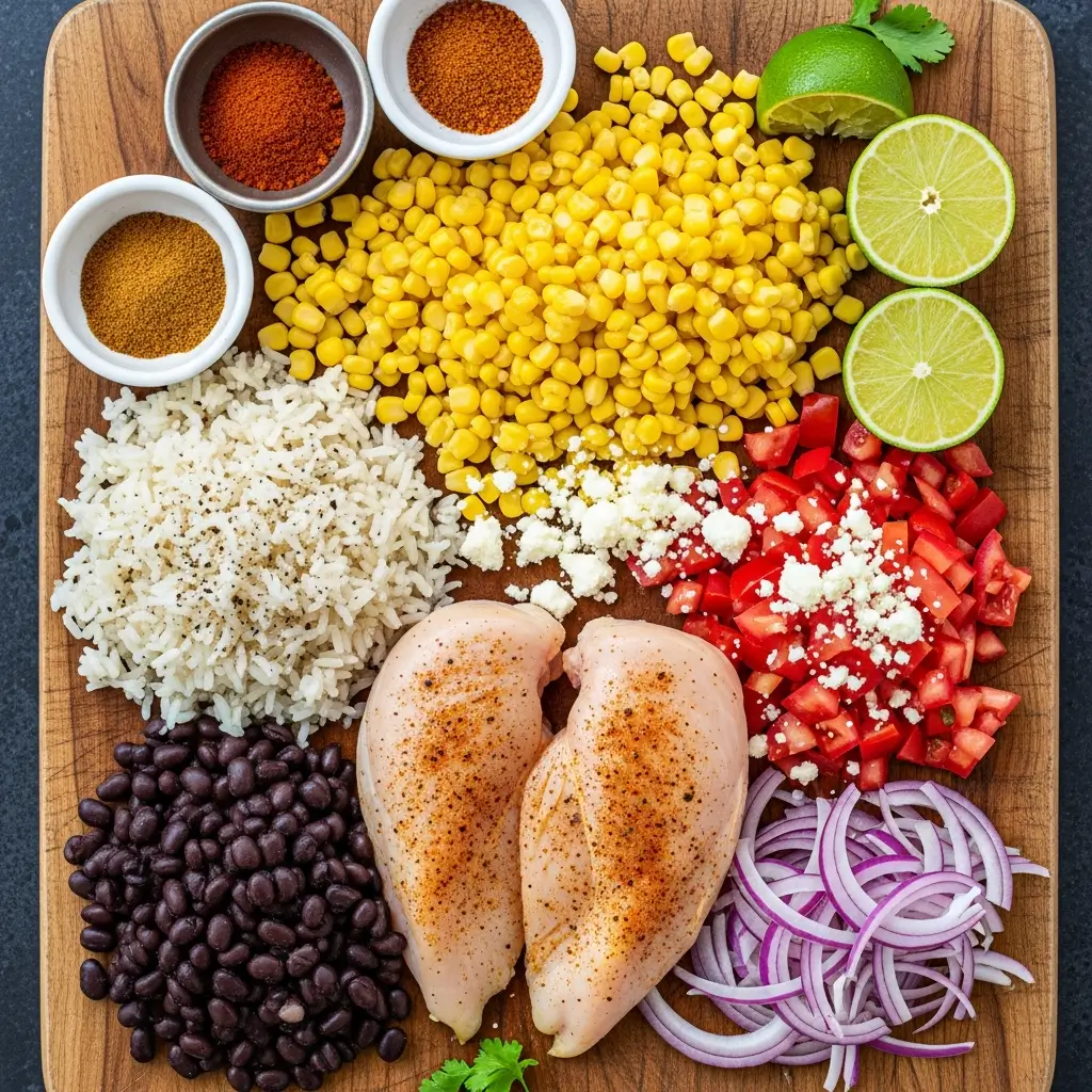 Street Corn Chicken Rice Bowl ingredients flat lay