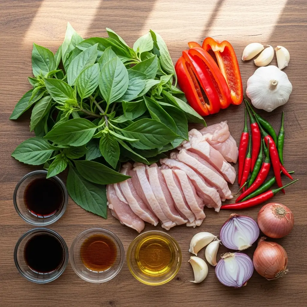Thai Basil Chicken ingredients flat lay