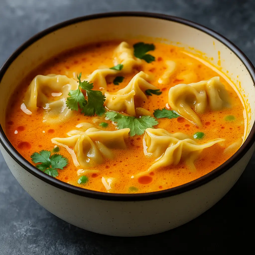 Thai Red Curry Dumpling Soup with coconut broth and dumplings