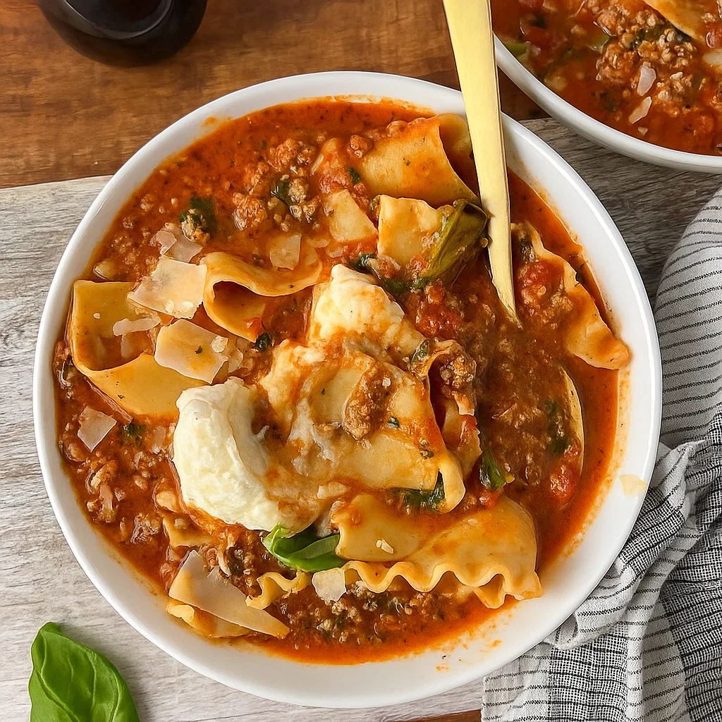 TikTok Lasagna Soup in bowl with cheese and basil