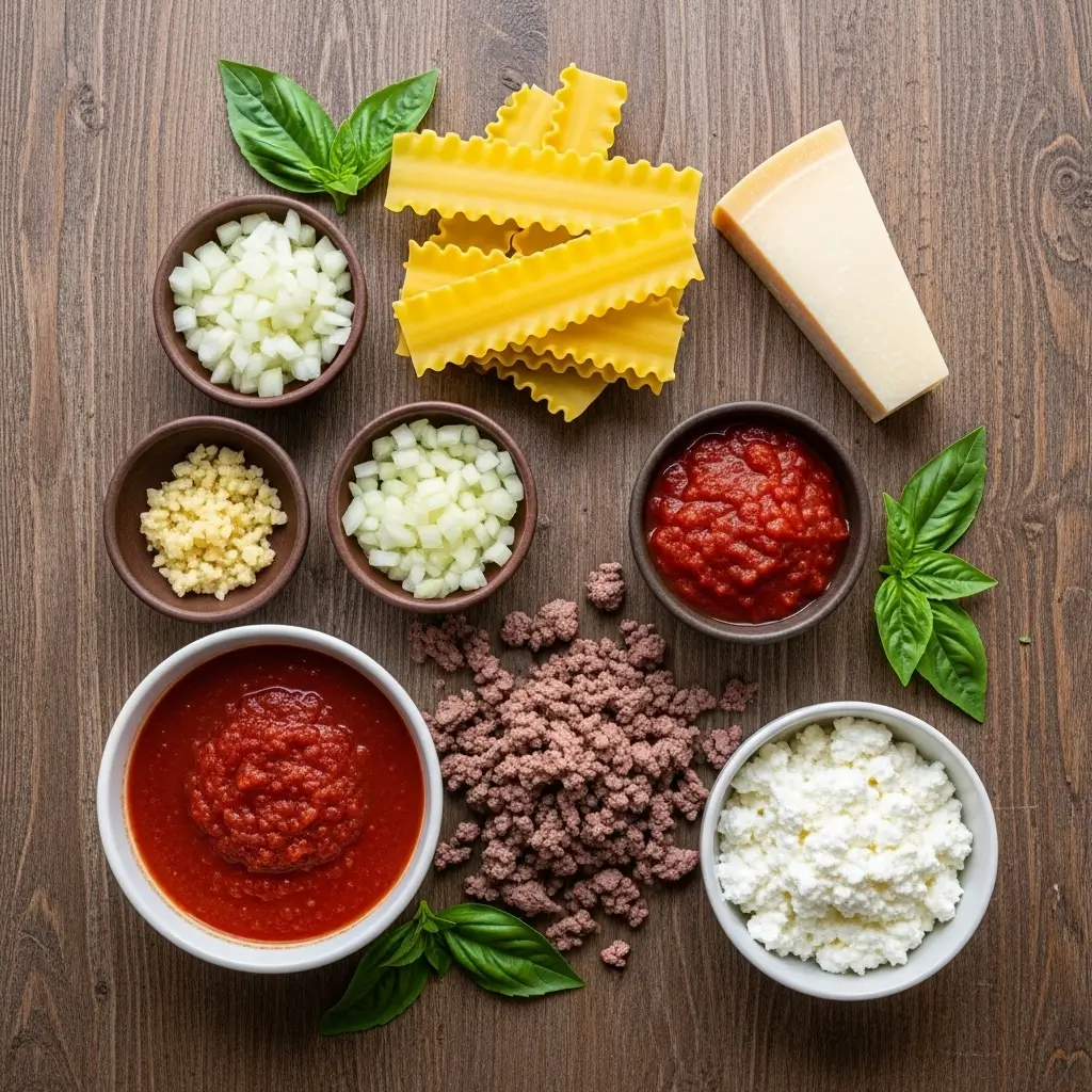 TikTok Lasagna Soup ingredients flat lay