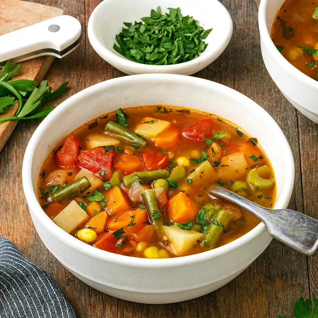 “Vegetable Soup in rustic bowl