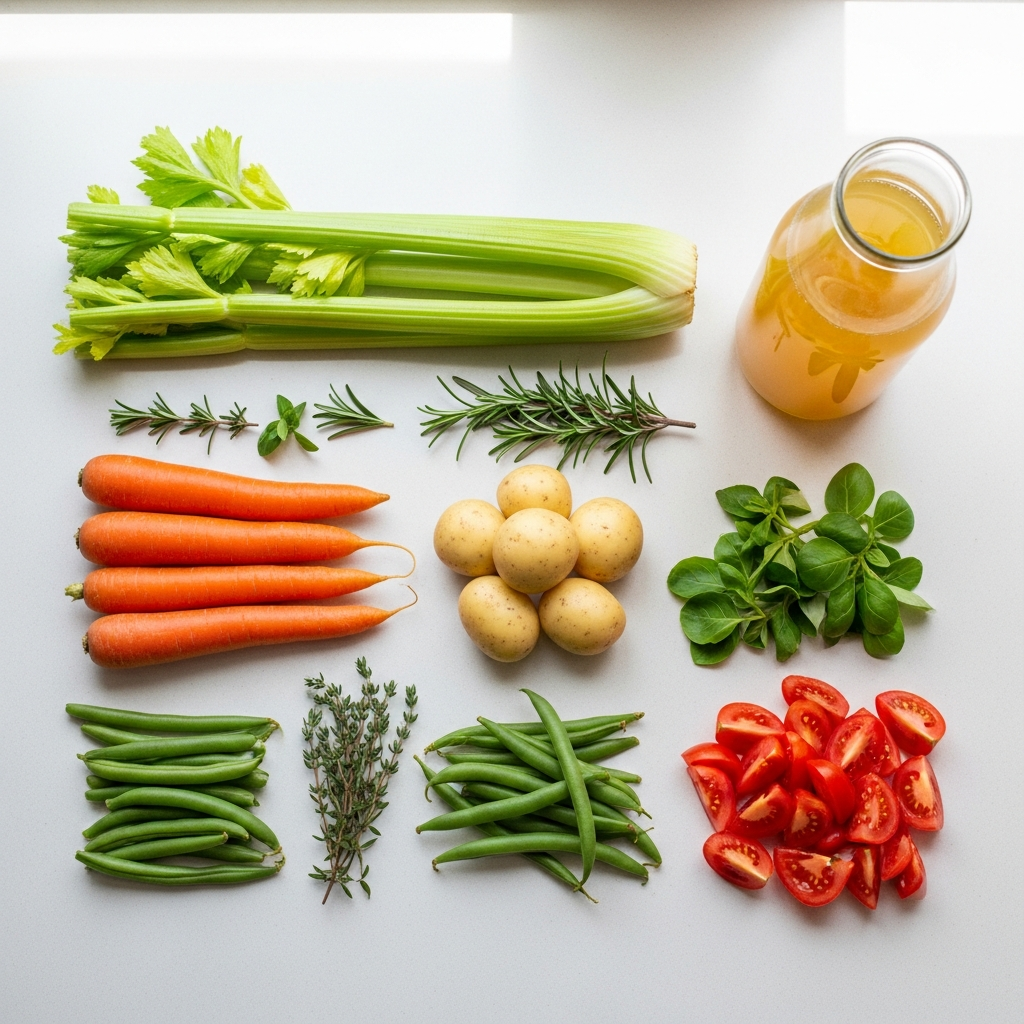 “Vegetable Soup Ingredients flat lay