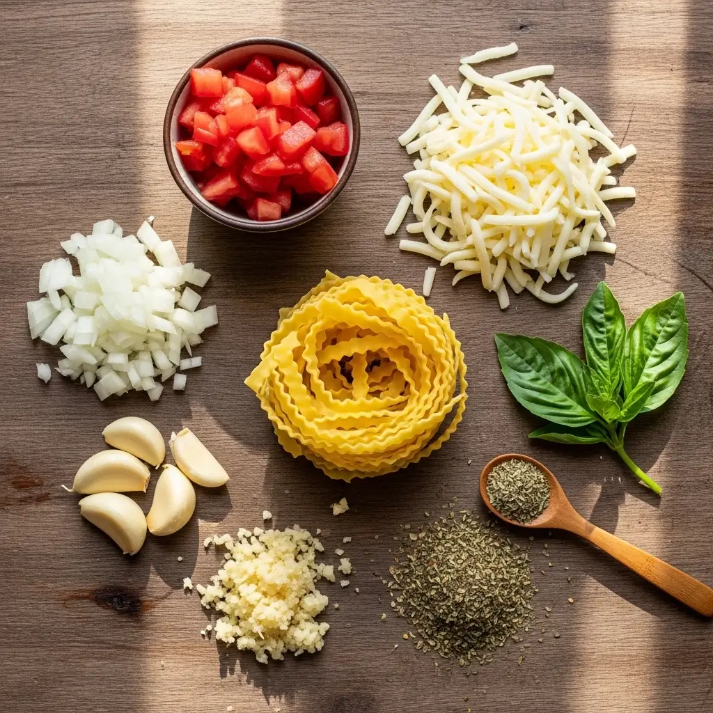 White Chicken Lasagna Soup ingredients flat lay