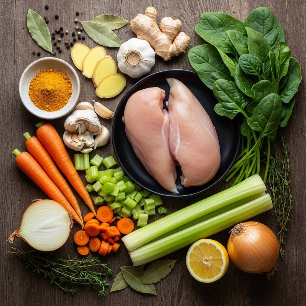 Anti Inflammatory Chicken Soup ingredients flat lay