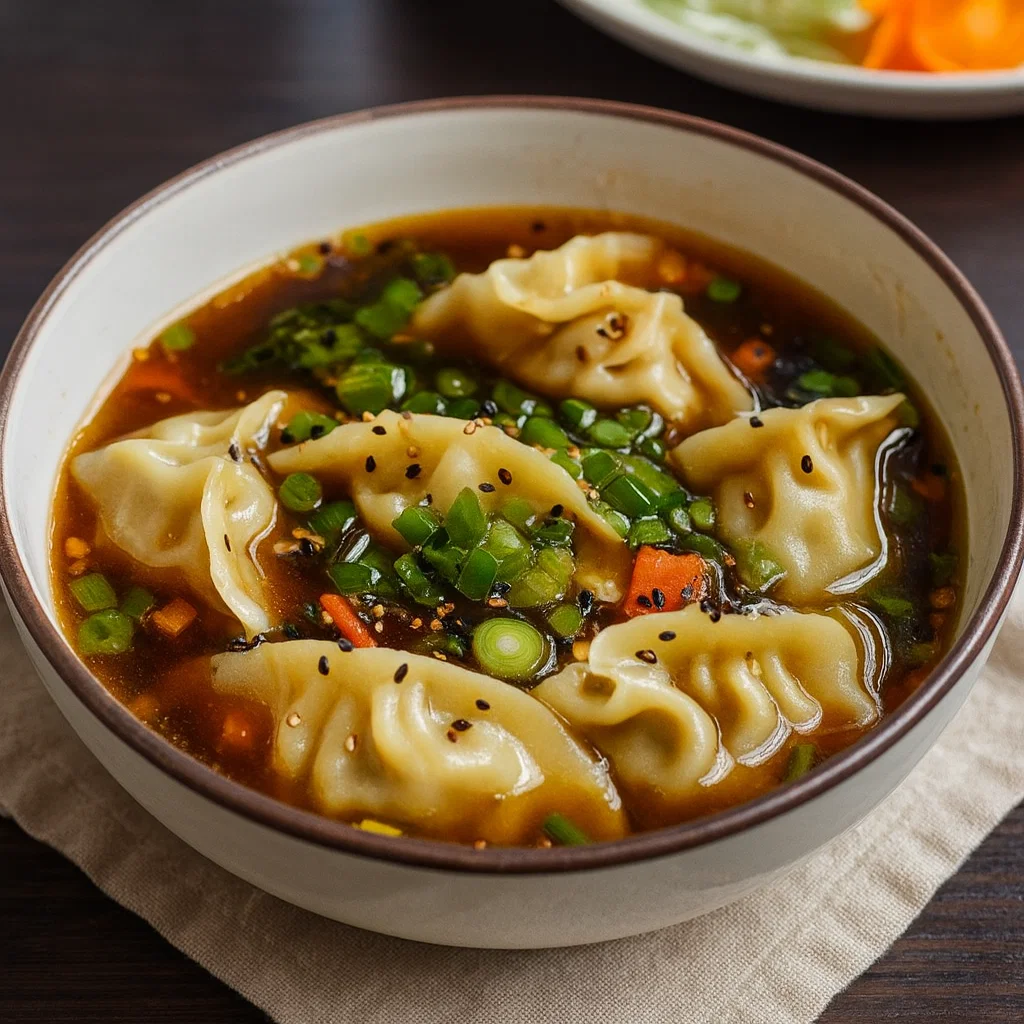 Asian Dumpling Potsticker Soup in bowl