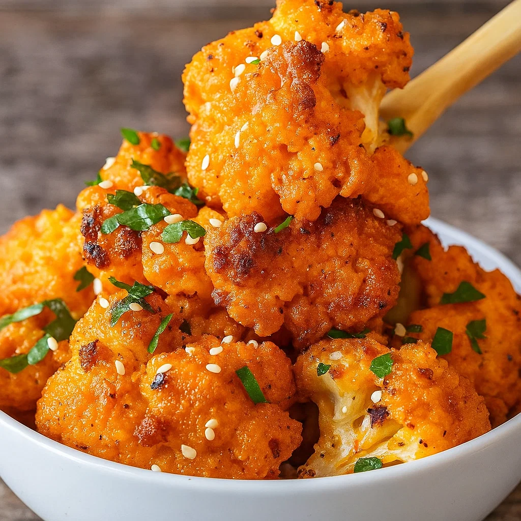 Baked Bang Bang Cauliflower in bowl with sauce
