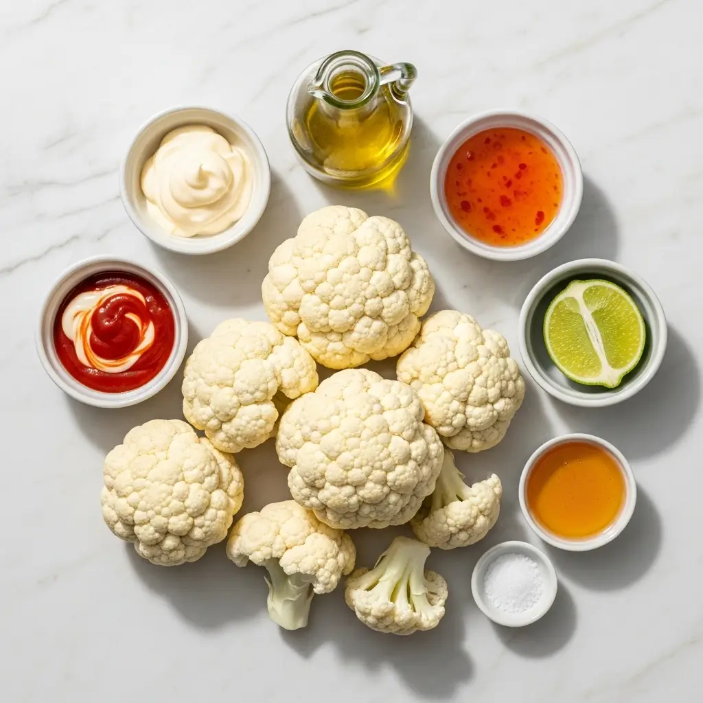 Baked Bang Bang Cauliflower ingredients flat lay