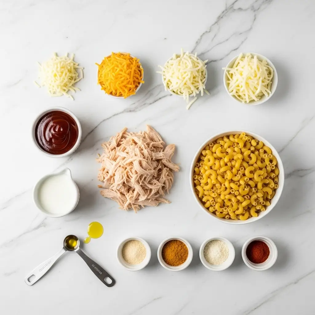 BBQ Chicken Mac and Cheese ingredients flat lay