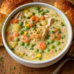 best chicken pot pie soup in rustic bowl