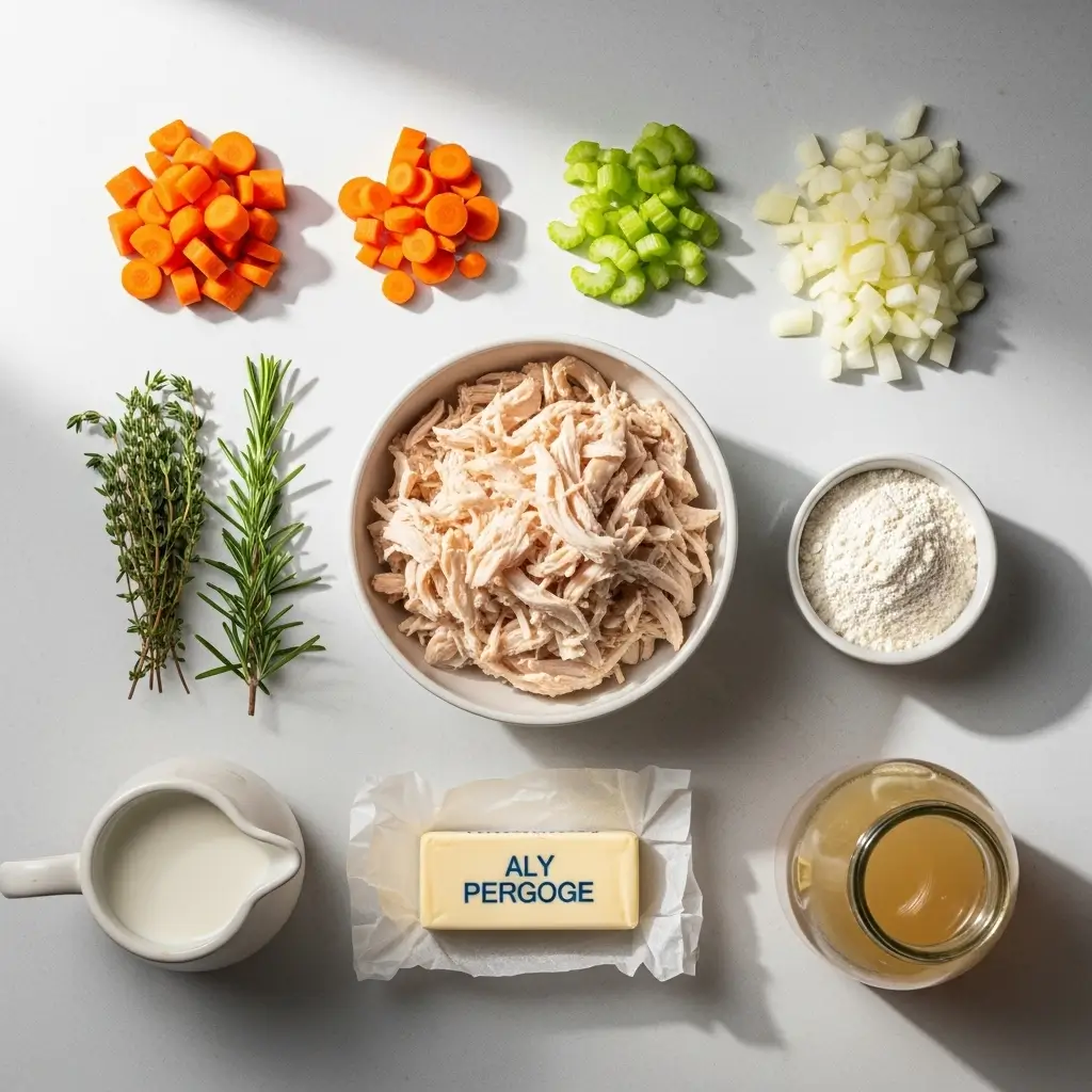 best chicken pot pie soup ingredients flat lay