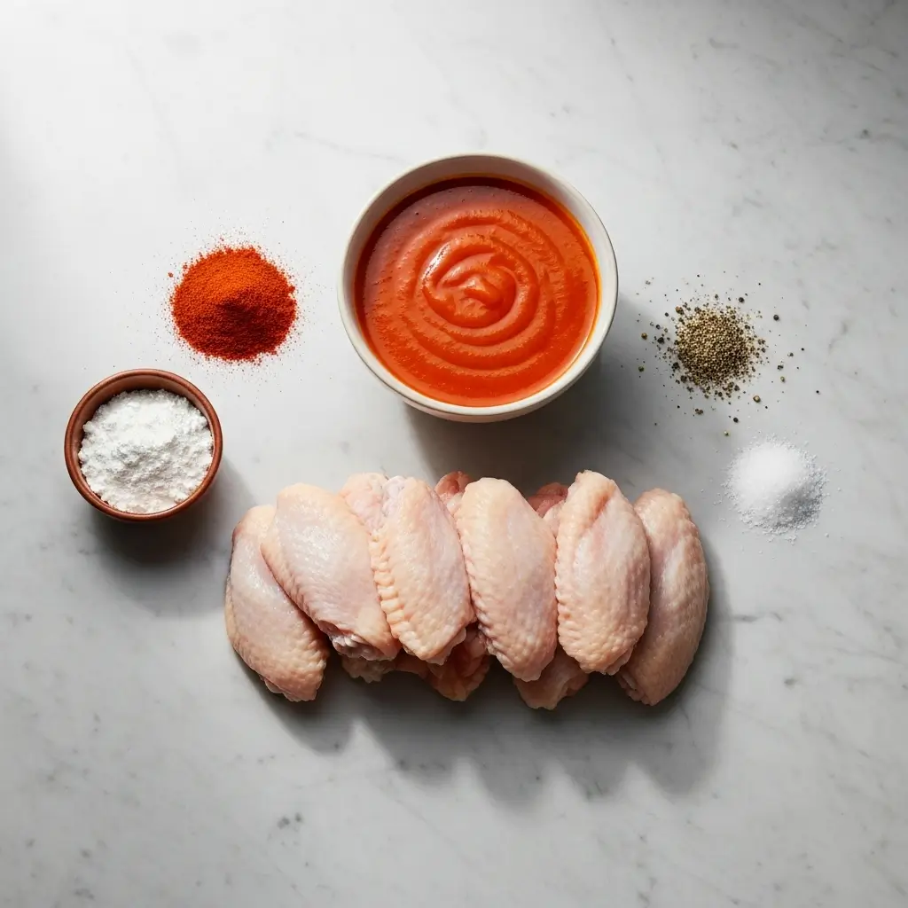 Buffalo Oven-Baked Chicken Wings ingredients flat lay