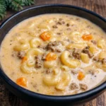 Cheeseburger Macaroni Soup in rustic bowl