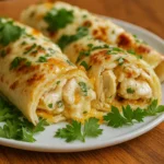 Cheesy Chicken Garlic Wraps on wooden board with garlic sauce