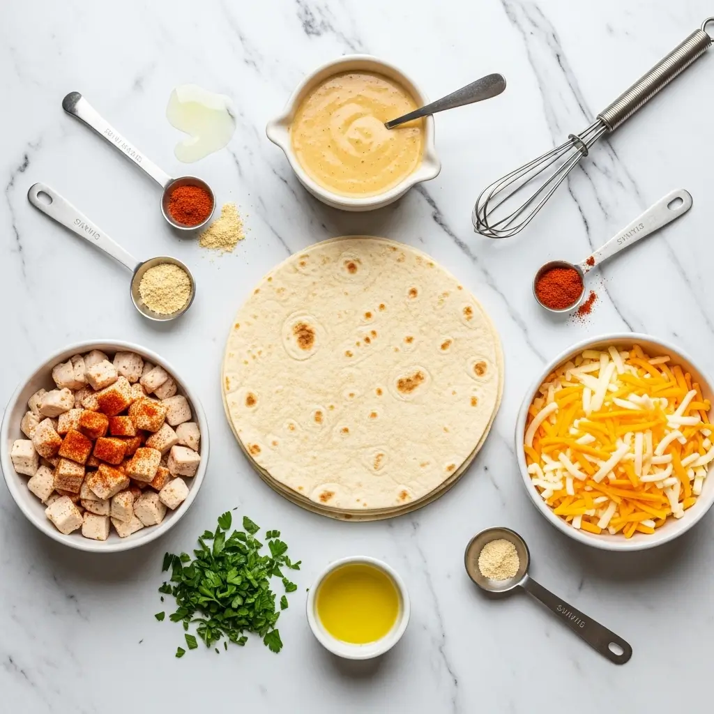 Ingredients for Cheesy Chicken Garlic Wraps on marble counter