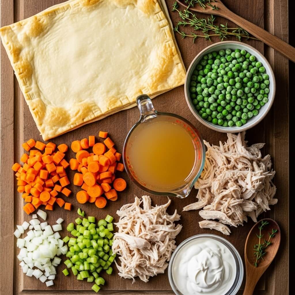 Ingredients for Chicken Pot Pie with Flaky Puff Pastry Crust, including puff pastry, chicken, vegetables, and broth.