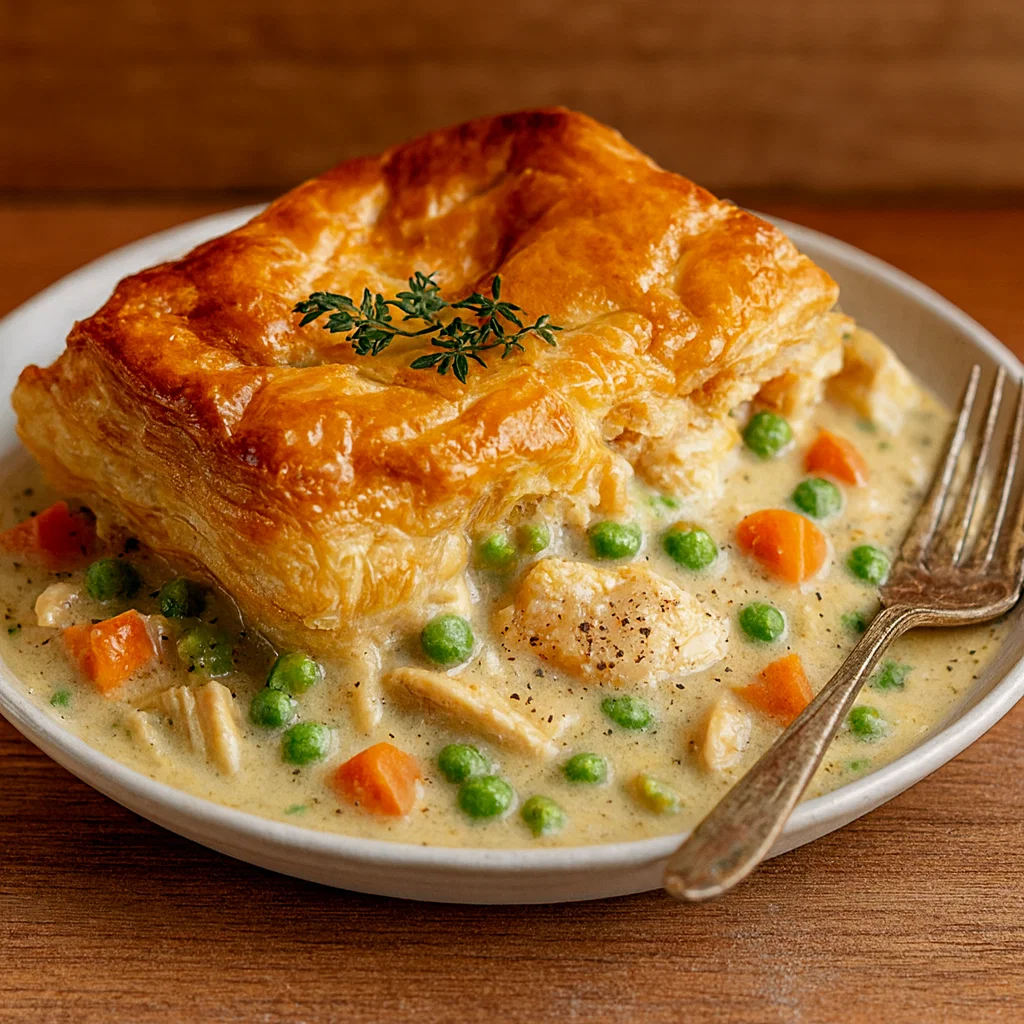 Chicken Pot Pie with Flaky Puff Pastry Crust fresh out of the oven