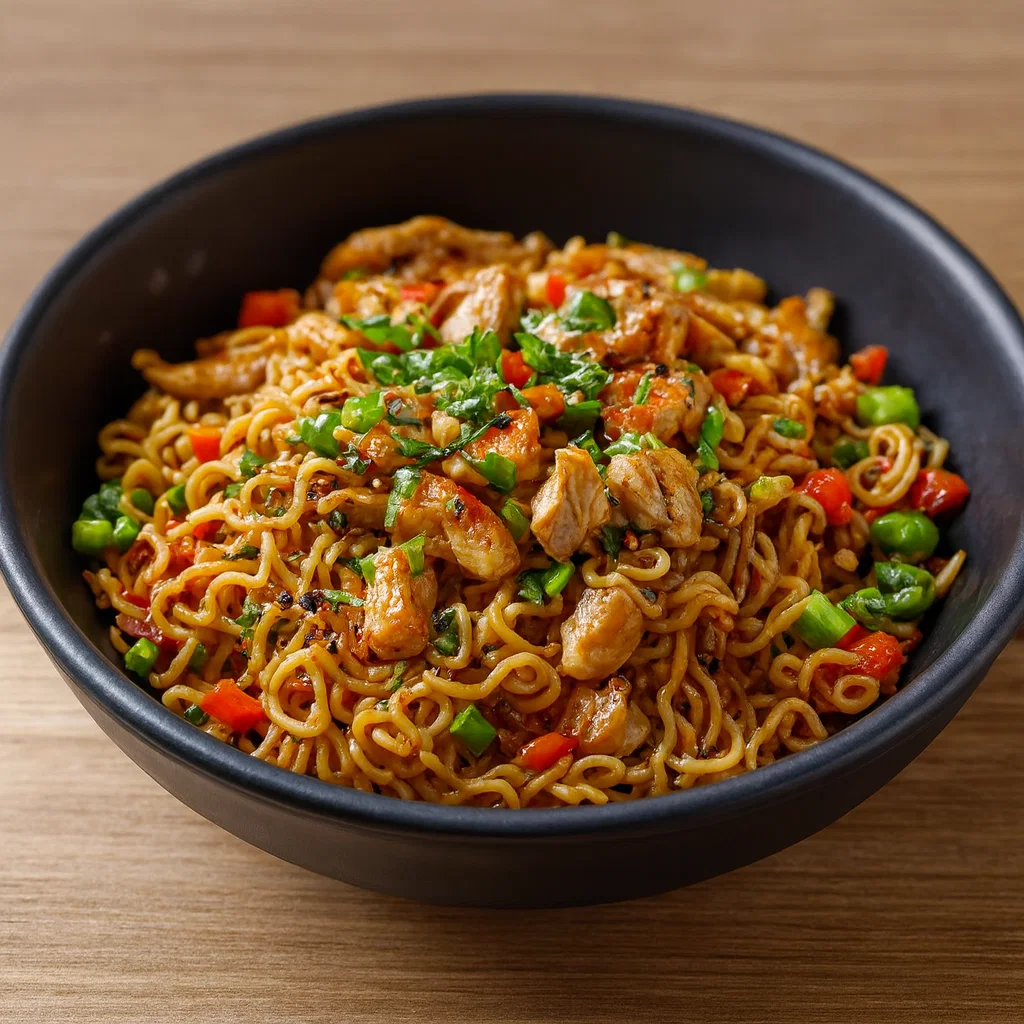Chicken Ramen Stir Fry in bowl with vegetables and noodles