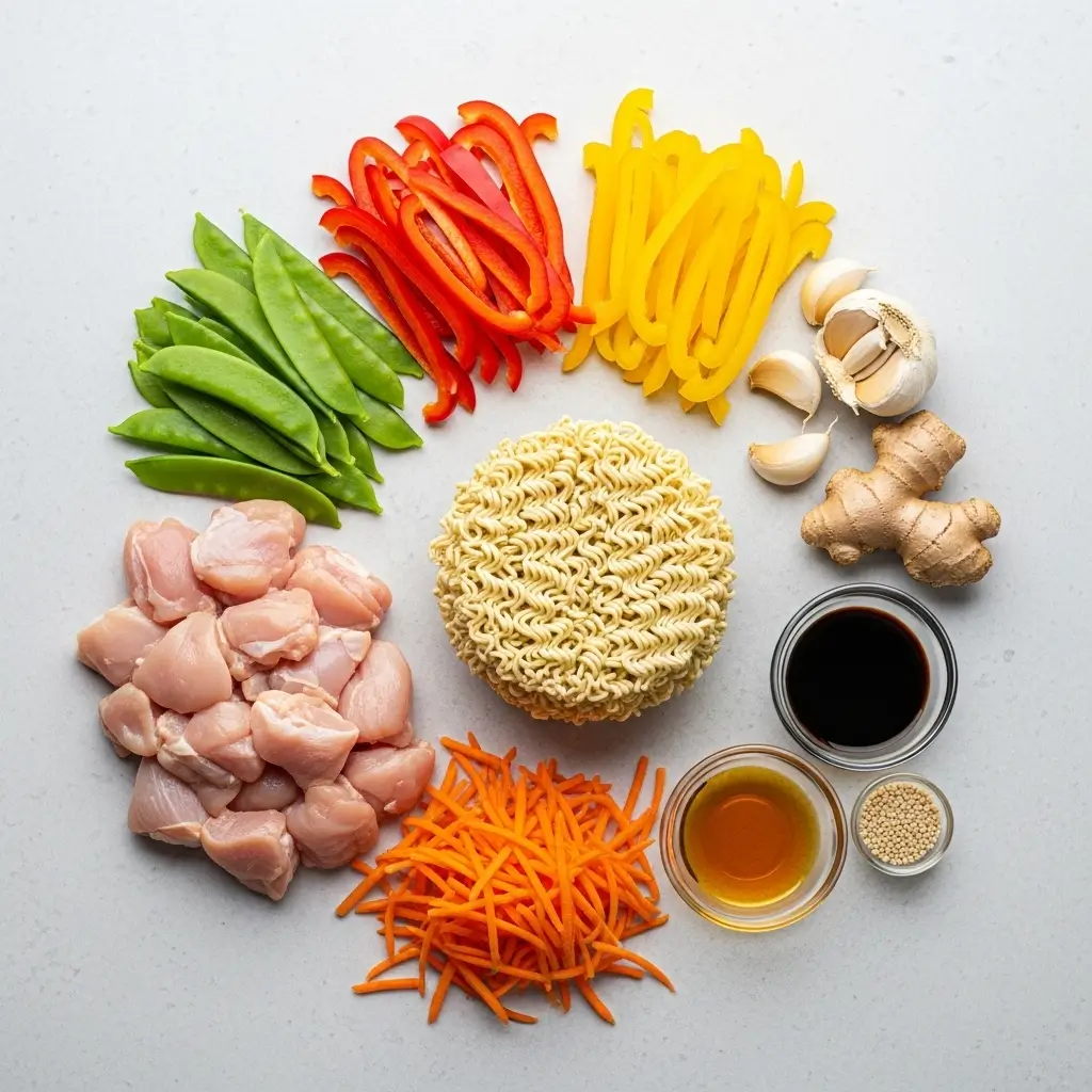 Chicken Ramen Stir Fry ingredients arranged on kitchen counter
