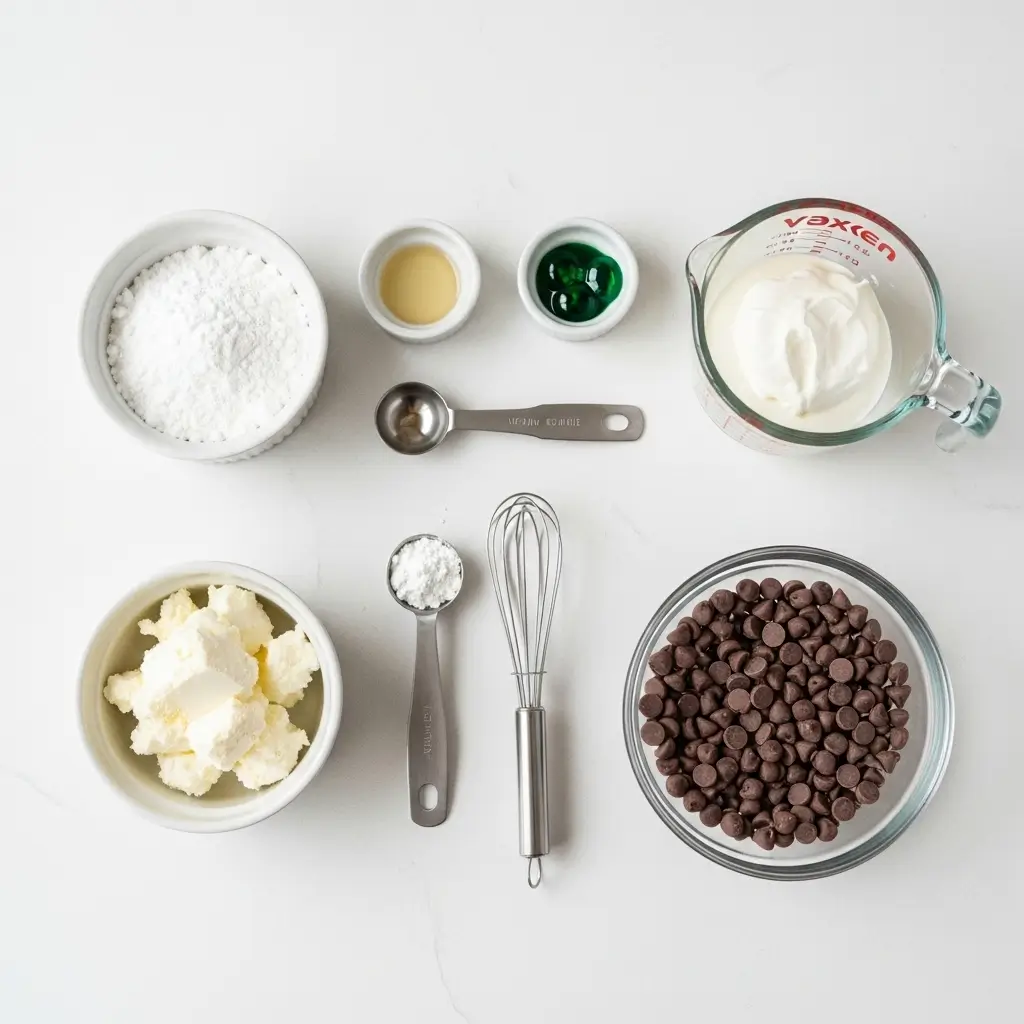 Chocolate Mint Cream Cheese Buttons ingredients flat lay