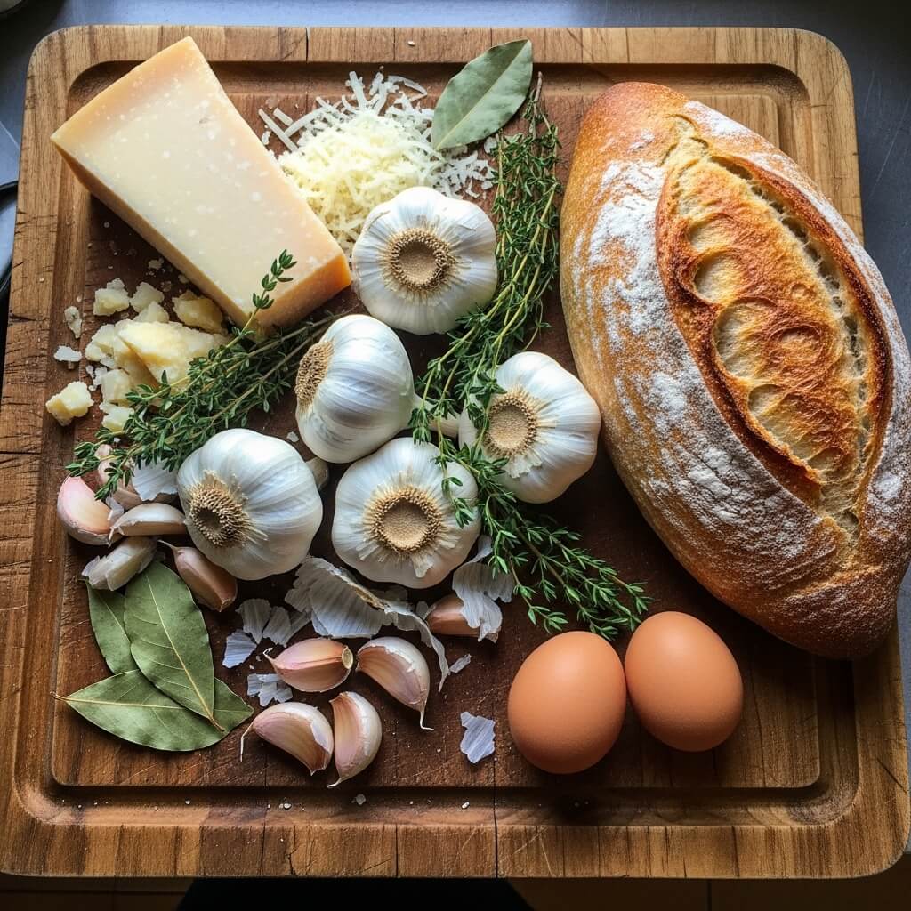 Country French Garlic Soup ingredients display