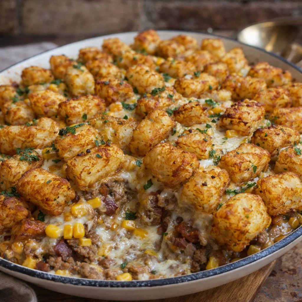 Cowboy Beef Tater Tot Casserole fresh baked