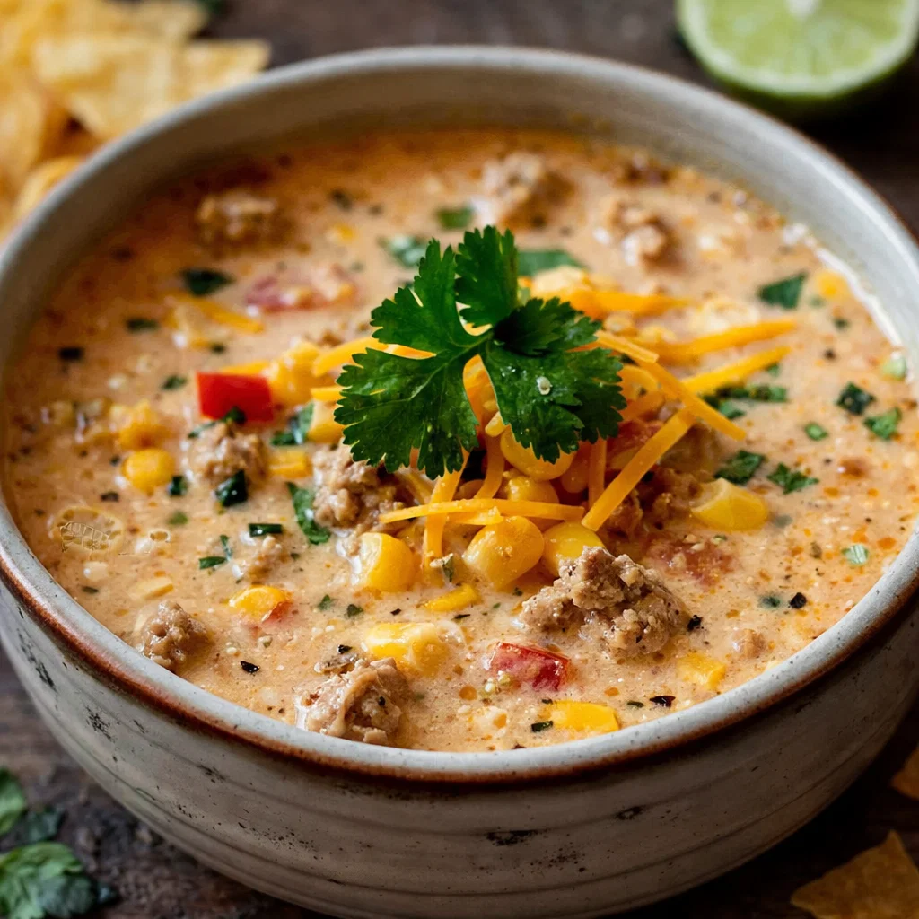 Cozy Creamy Cowboy Soup in a rustic bowl