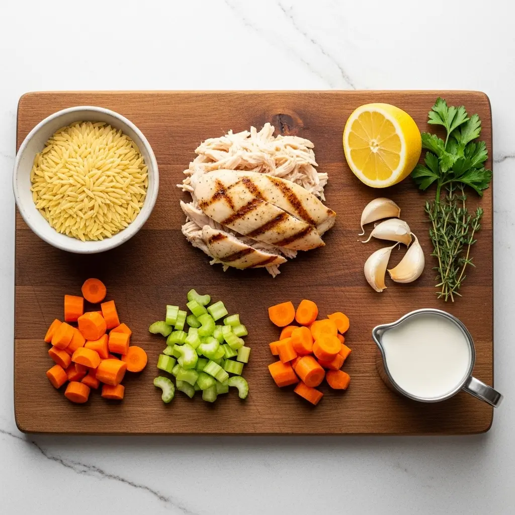 Ingredients for Creamy Lemon Chicken Orzo Soup