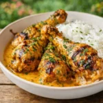 creamy paprika chicken drumsticks served over rice