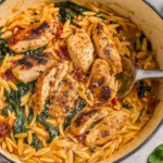 Creamy Sun-Dried Tomato Chicken Orzo in skillet