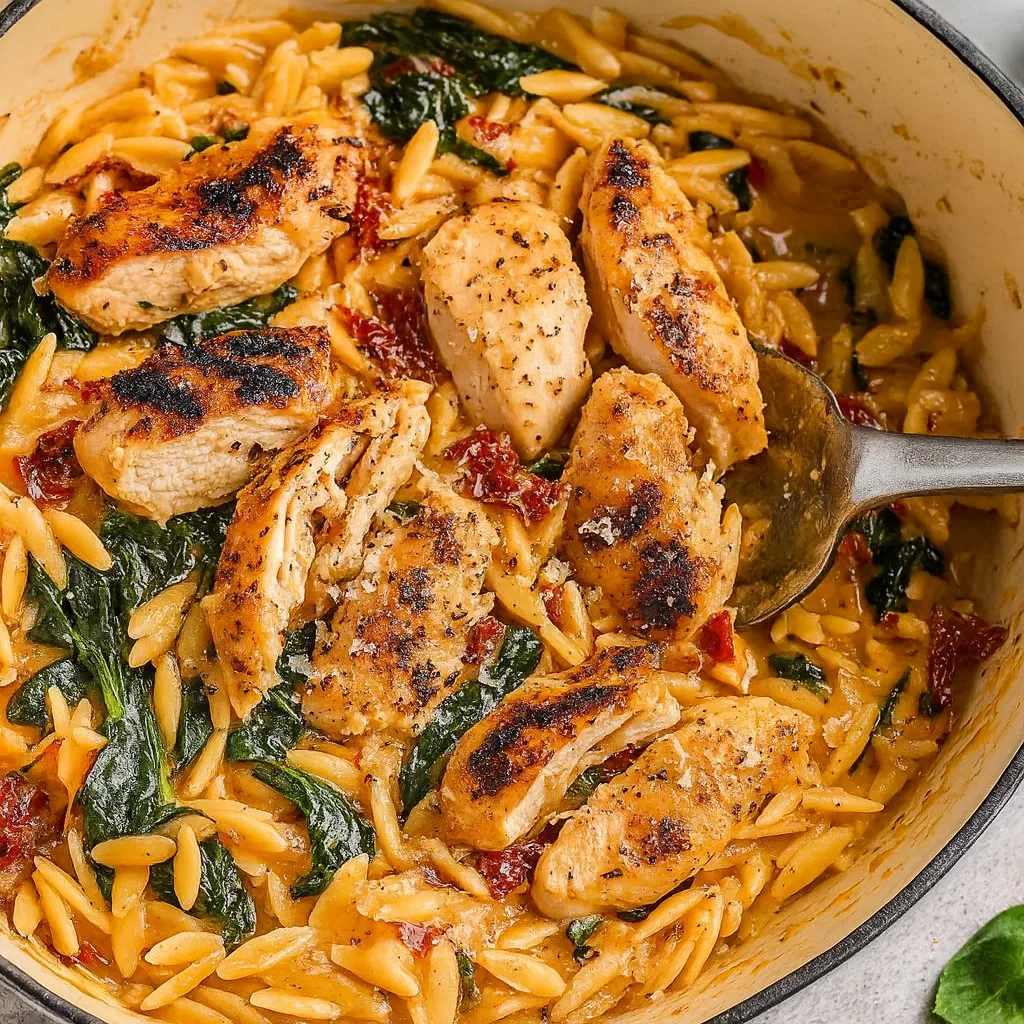 Creamy Sun-Dried Tomato Chicken Orzo in skillet