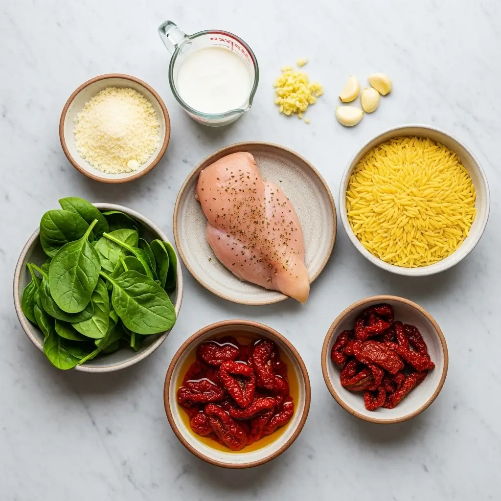 Ingredients for Creamy Sun-Dried Tomato Chicken Orzo