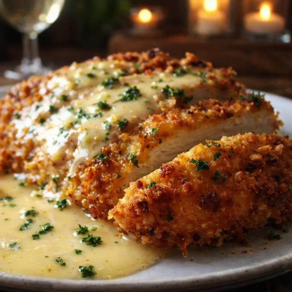 Crispy Parmesan Chicken with a Rich Garlic Sauce plated